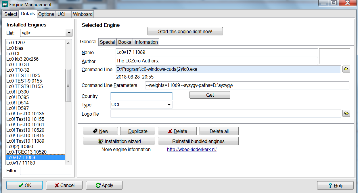 UCI Chess Engine Configuration Parameters